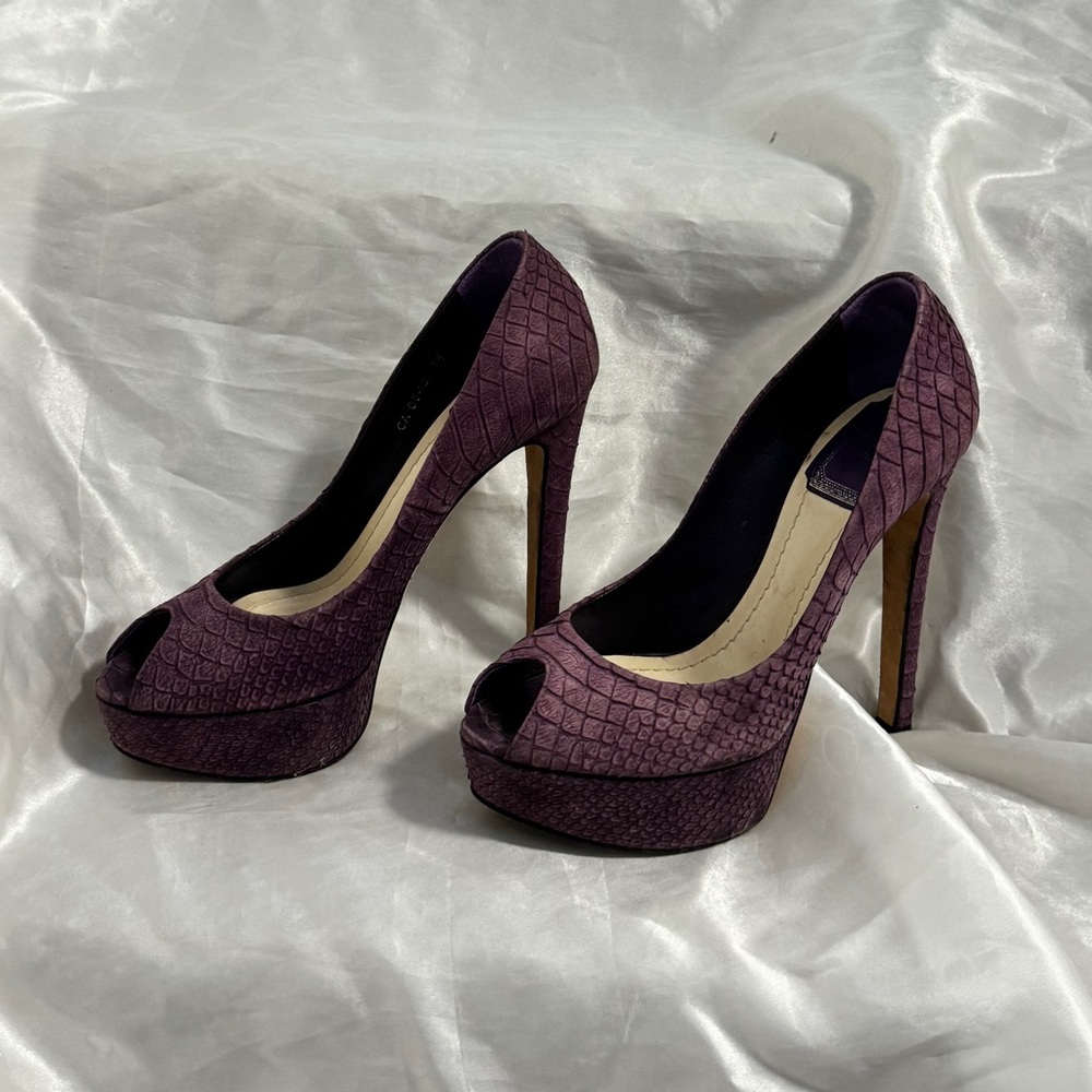 Dior Purple Python Embossed Leather Peep Toe Platform Pumps